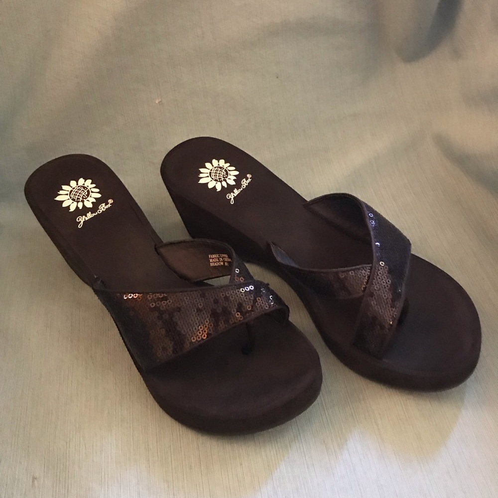Yellow Box - Black Sequined Wedge Flip Flops